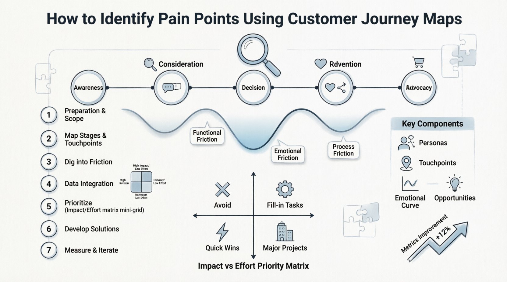 Line art infographic showing how to identify customer pain points using journey maps: 5-stage customer journey timeline with emotional curve, 7-phase methodology flowchart, friction types, impact-effort priority matrix, and key metrics for UX optimization