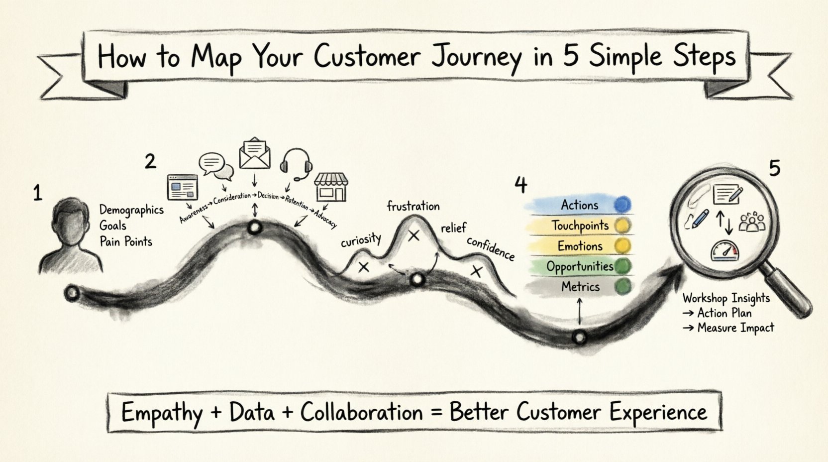 Charcoal sketch infographic illustrating the 5-step customer journey mapping process: define buyer personas, identify touchpoints across awareness to advocacy stages, uncover emotions and pain points with emotional curve visualization, create layered journey map with actions and metrics, and analyze for optimization—featuring hand-drawn contour style, journey path layout, and key business metrics for improving customer experience