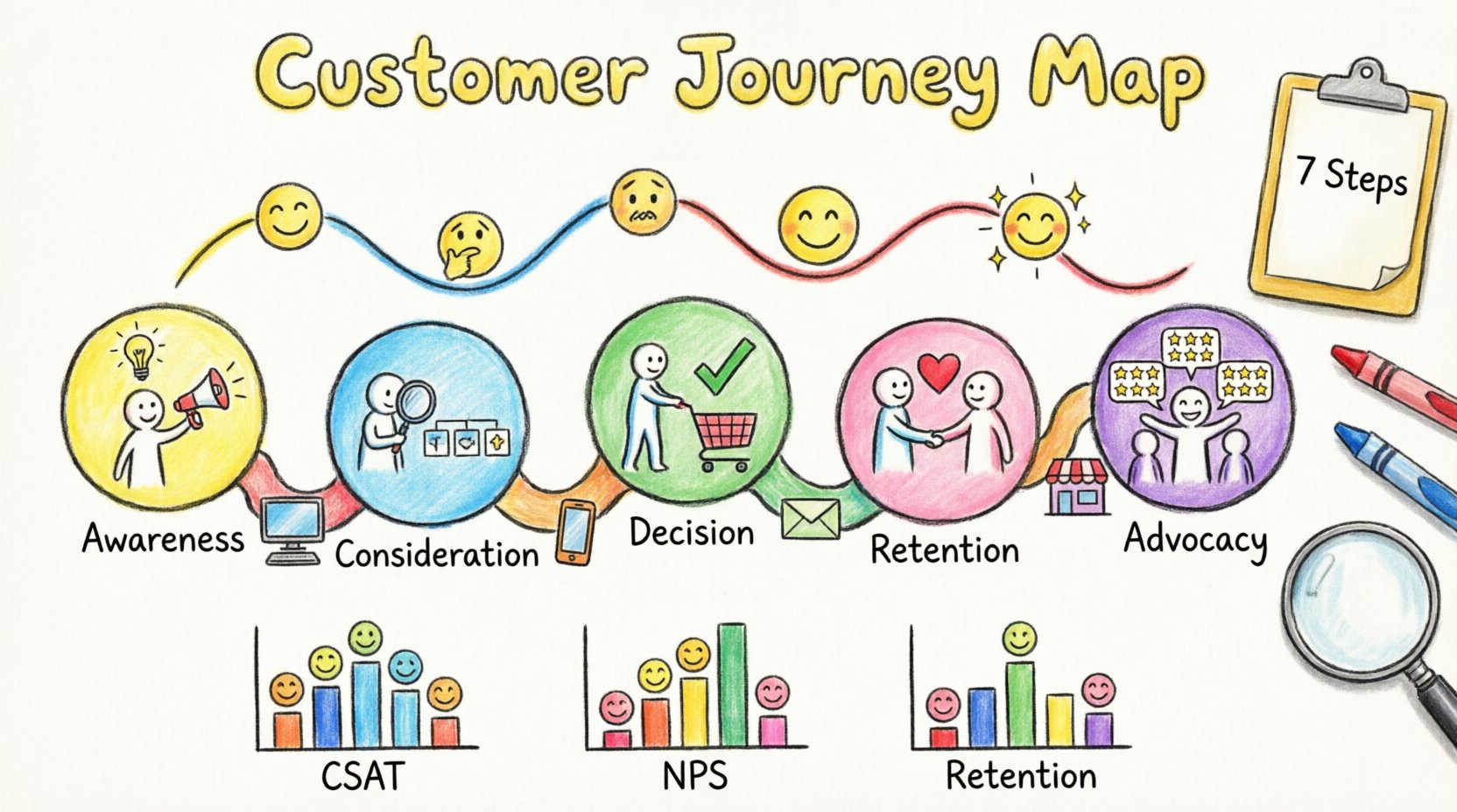 Child's drawing style infographic illustrating the 5 stages of customer journey mapping: Awareness, Consideration, Decision, Retention, and Advocacy. Features a colorful winding path with stick figures, simple icons for touchpoints like computers and phones, an emotional curve with happy and sad faces, research tools representing the 7-step mapping process, and KPI charts with smiley faces. Bright crayon texture, playful hand-drawn aesthetic, designed to help beginners visualize the complete customer experience journey for business growth and improved customer satisfaction.