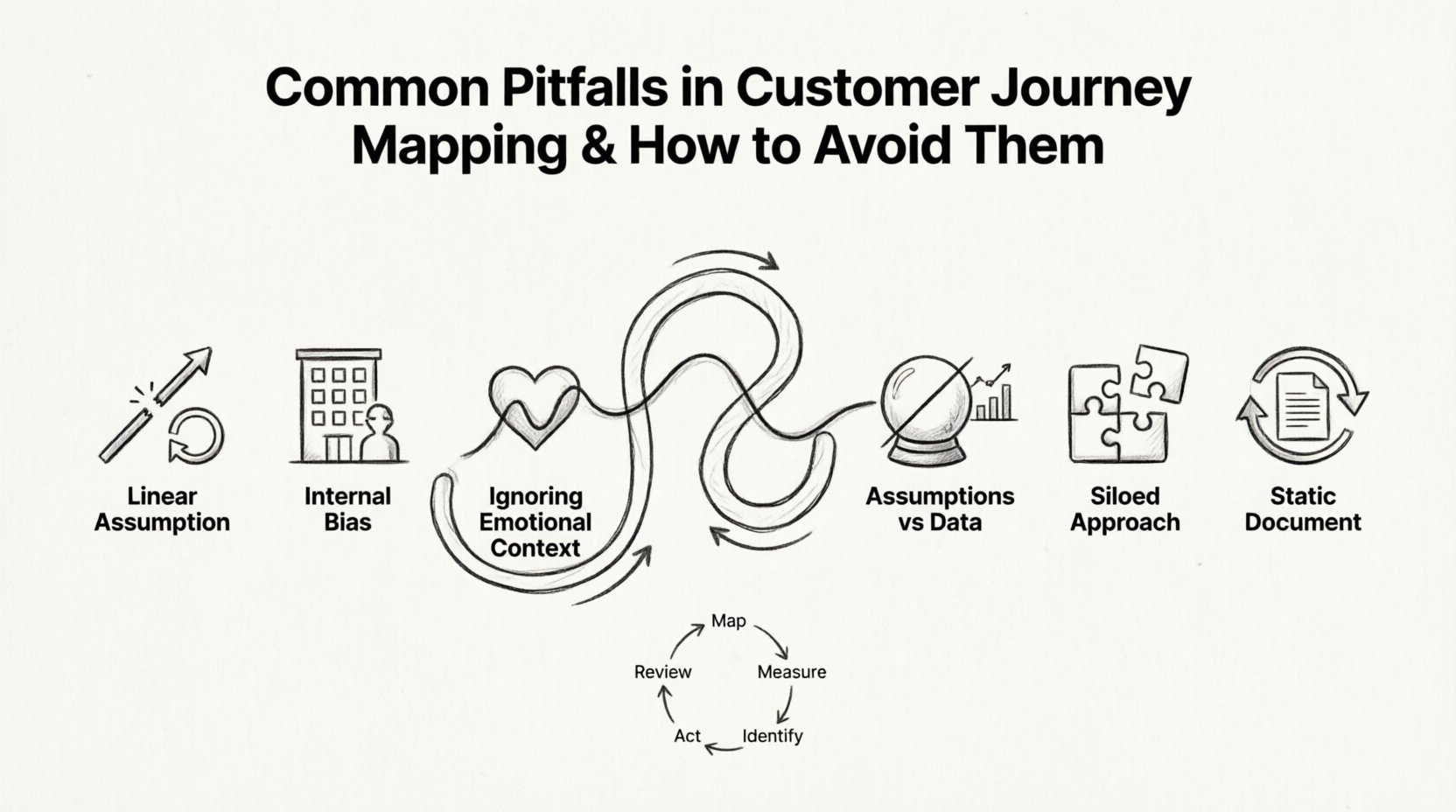 Line art infographic illustrating six common pitfalls in customer journey mapping: linear assumption, internal bias, ignoring emotional context, relying on assumptions instead of data, siloed departmental approach, and static documentationโwith visual solutions, emotional curve graph, non-linear journey paths, and continuous improvement cycle for better customer experience strategy