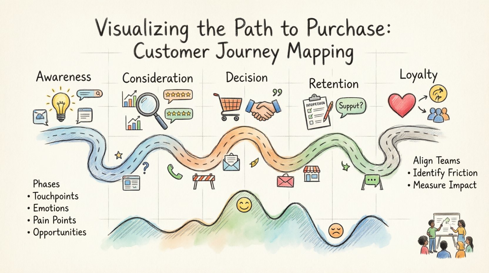 Hand-drawn infographic illustrating the customer journey mapping process showing the 5-stage path to purchase: Awareness, Consideration, Decision, Retention, and Loyalty. Visualizes touchpoints, emotional curve, pain points, and opportunities with sketchy pencil art and watercolor accents. Educational diagram for UX designers, marketers, and CX professionals to align teams, identify friction, and improve customer experience.