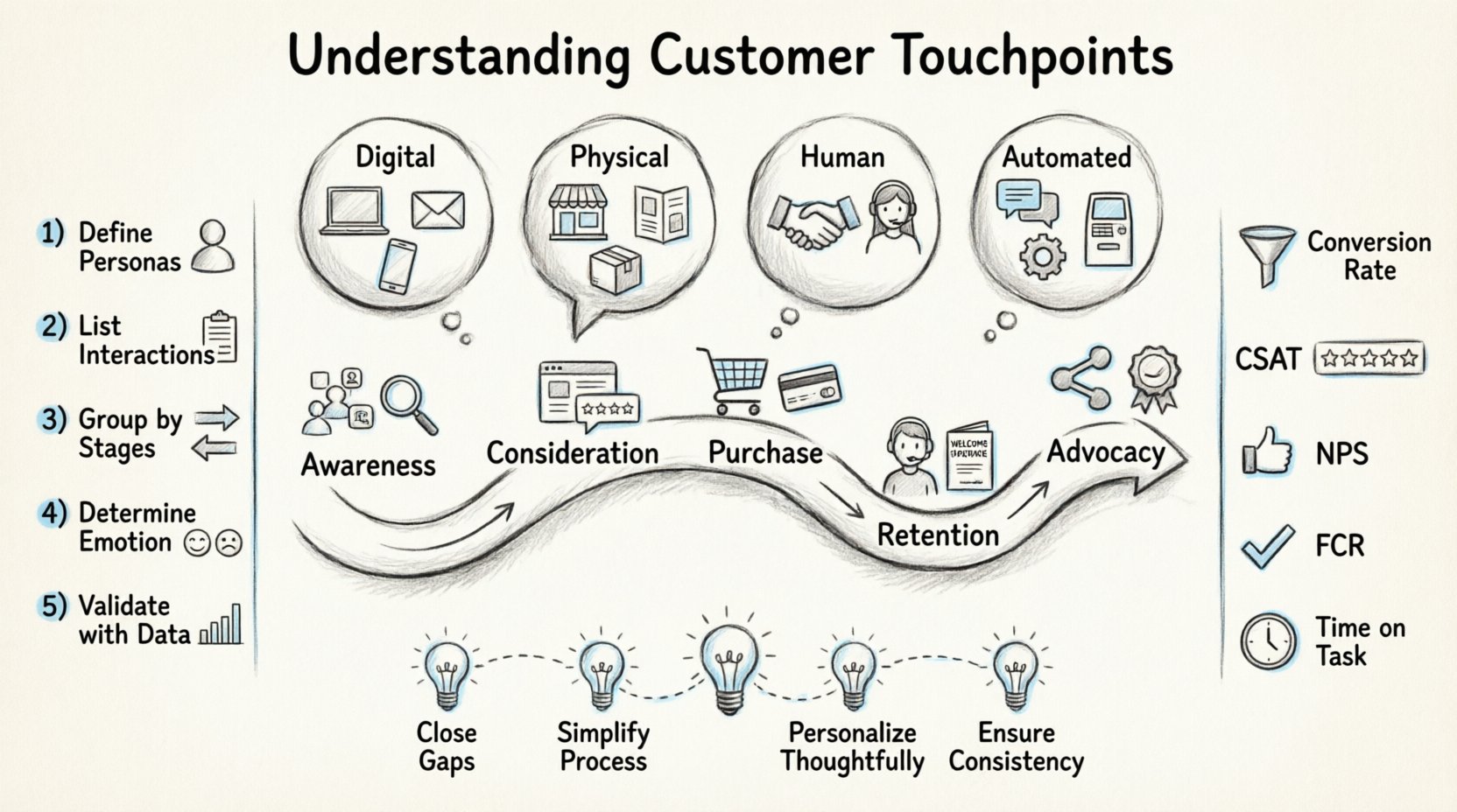 Hand-drawn sketch infographic mapping the customer journey through five stages (Awareness, Consideration, Purchase, Retention, Advocacy) with touchpoint categories (Digital, Physical, Human, Automated), 5-step mapping process, key CX KPIs, and optimization strategies for improving customer experience