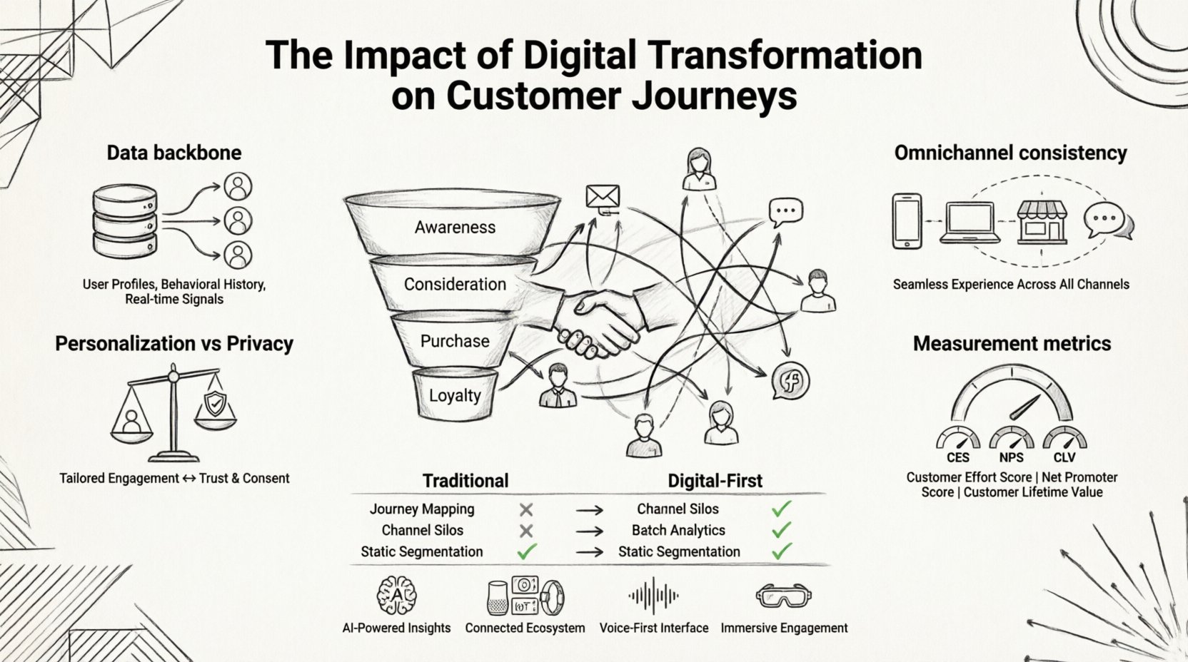 Line art infographic illustrating the impact of digital transformation on customer journeys: visual comparison of linear vs non-linear paths, four key pillars (data backbone, omnichannel consistency, personalization-privacy balance, success metrics), traditional vs digital-first approach comparison, and future trends including AI, IoT, voice interfaces, and AR, emphasizing human-centered design throughout the customer experience lifecycle
