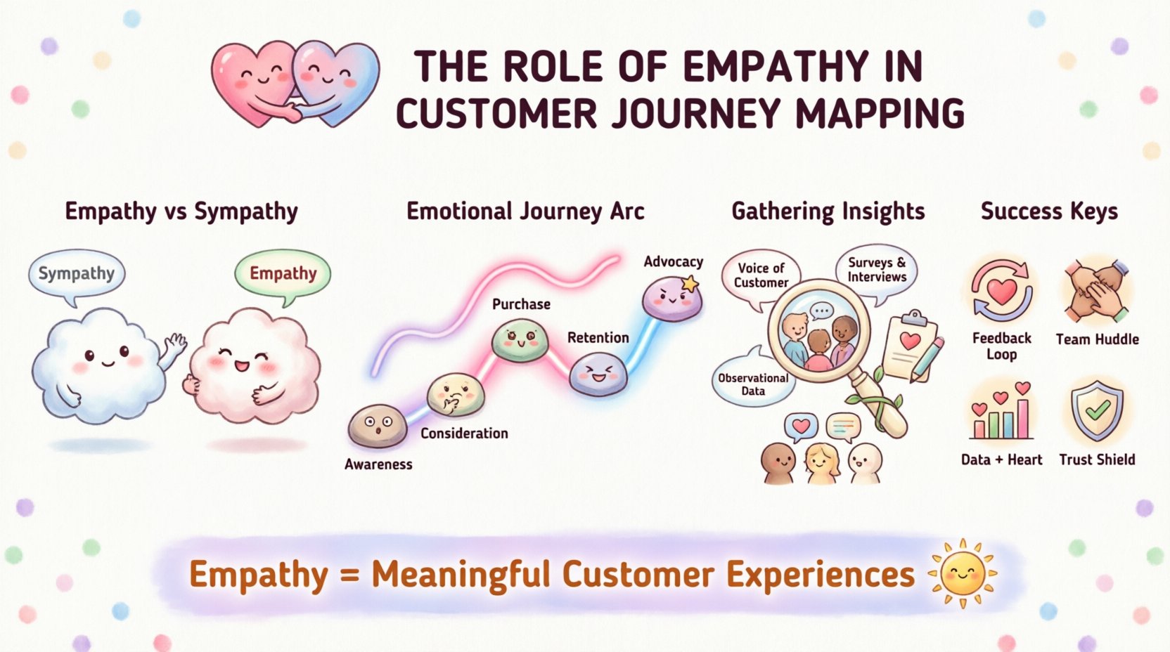 A cute kawaii-style infographic in pastel colors illustrating how empathy transforms customer journey mapping, featuring a friendly emotional arc through five stages (Awareness, Consideration, Purchase, Retention, Advocacy), empathy vs sympathy comparison with adorable characters, methods for gathering empathetic insights, and key success metrics for human-centric business design