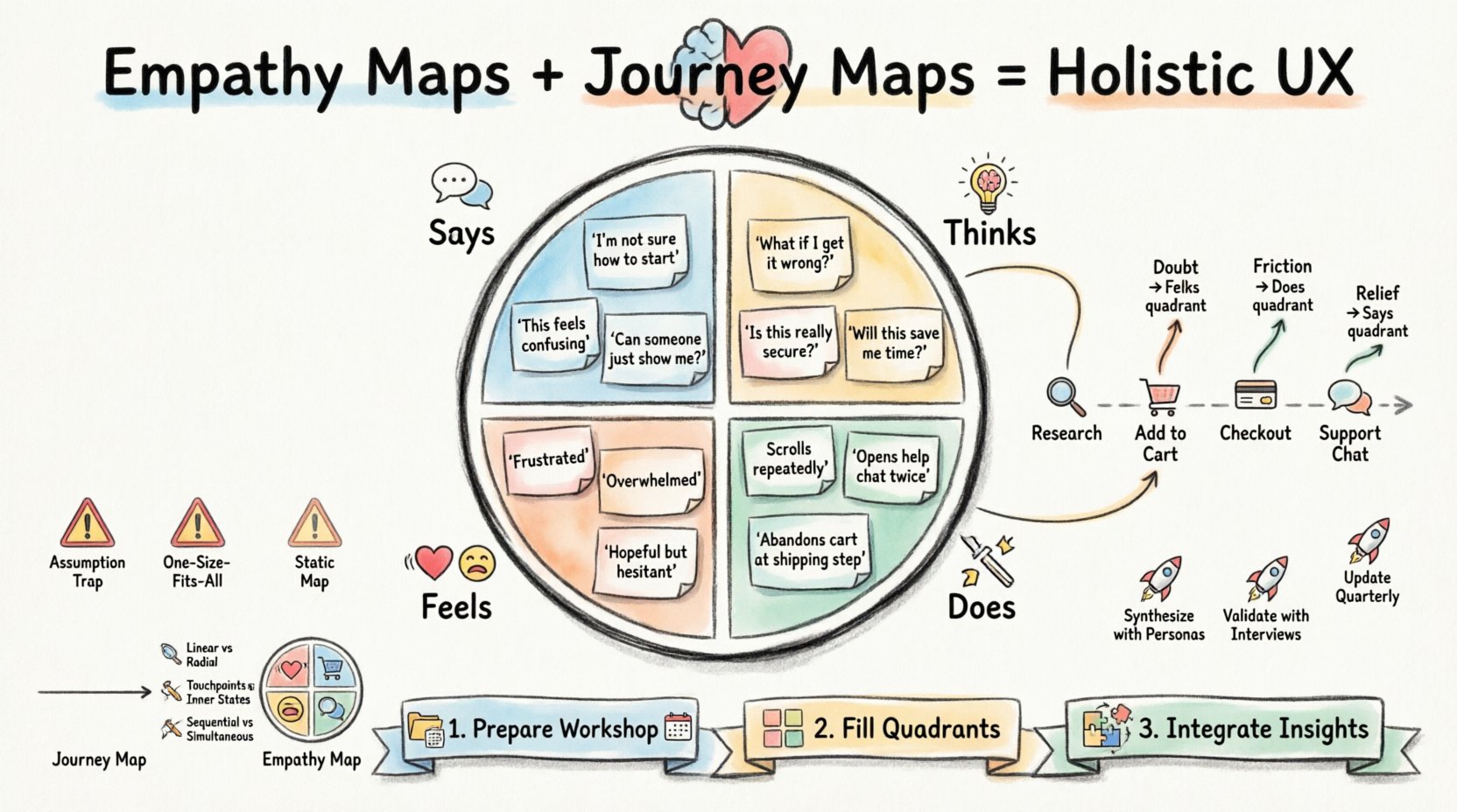 Hand-drawn infographic illustrating how Empathy Maps complement Customer Journey Maps for user-centered design, featuring a central four-quadrant empathy map (Says, Thinks, Does, Feels) with thick outline strokes, connected to a linear journey timeline with emotional insight callouts, workshop preparation checklist, integration workflow steps, and key pitfalls to avoid for creating holistic customer experiences