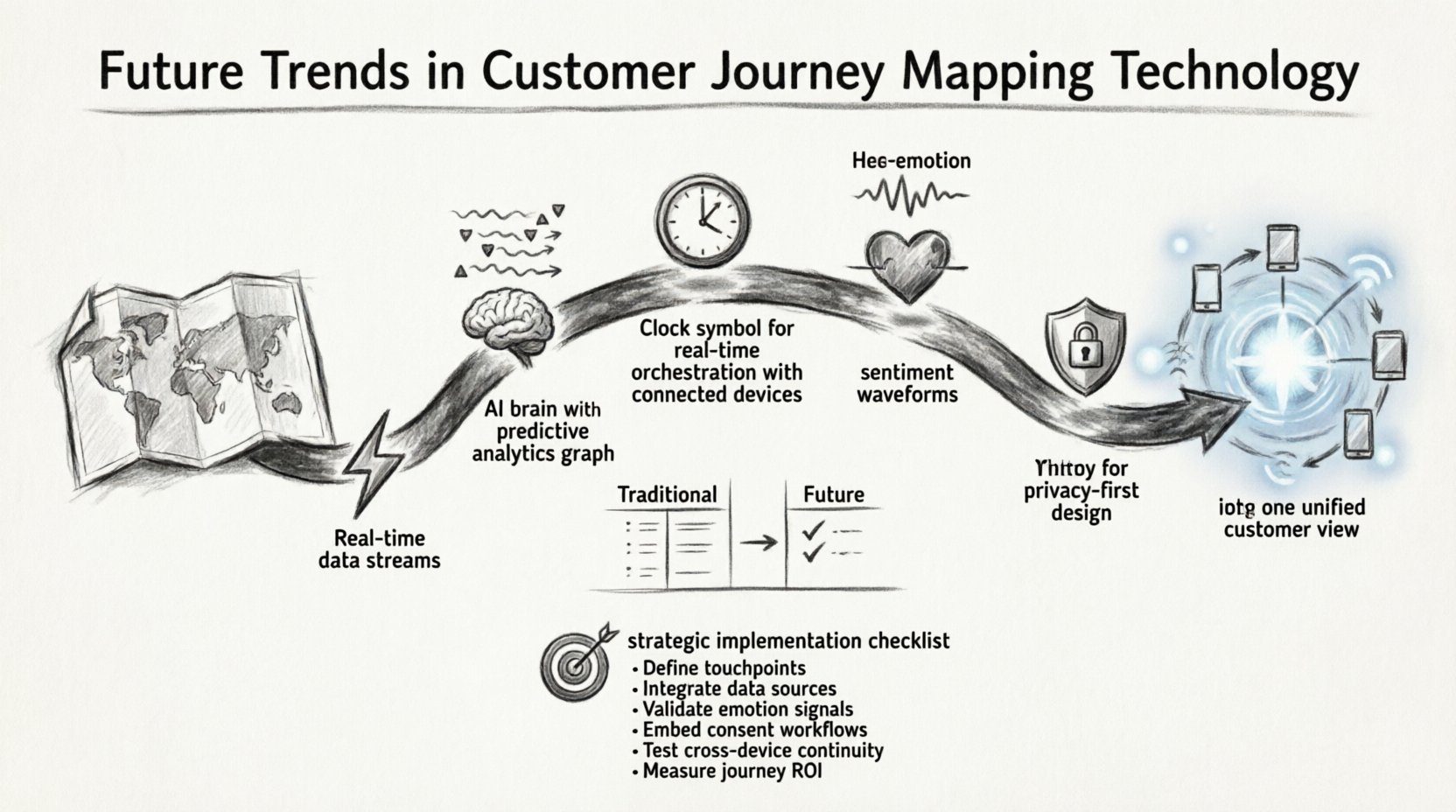 Charcoal sketch infographic illustrating future trends in customer journey mapping technology: evolution from static maps to dynamic AI-powered orchestration, featuring real-time data integration, predictive analytics, sentiment analysis, privacy-first design, omnichannel unification, and strategic implementation framework for modern customer experience management