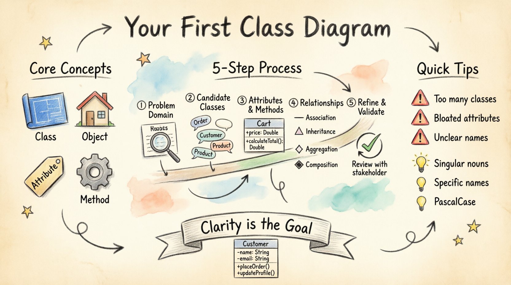 Hand-drawn infographic guide to Object-Oriented Analysis and Design showing the 5-step process for creating class diagrams: core concepts (Class, Object, Attribute, Method), identifying problem domains, finding candidate classes, defining attributes and methods, establishing relationships (Association, Inheritance, Aggregation, Composition), and refinement best practices, with visual examples and quick tips for avoiding common pitfalls