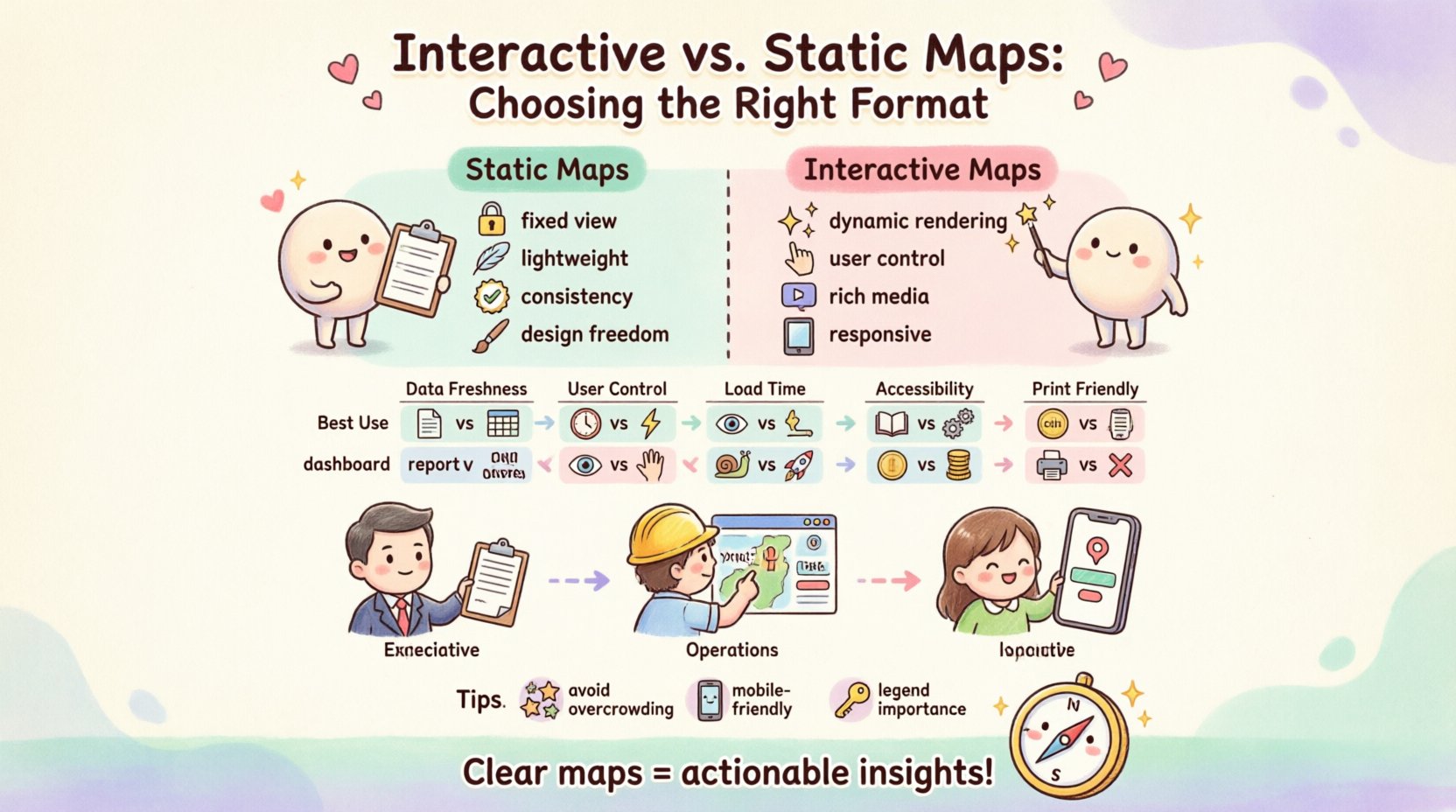 Kawaii-style infographic comparing interactive versus static maps for customer journey mapping, featuring cute pastel characters, visual comparison of features like data freshness and user control, decision framework for executives and operations teams, accessibility tips, and key takeaways for choosing the right map format