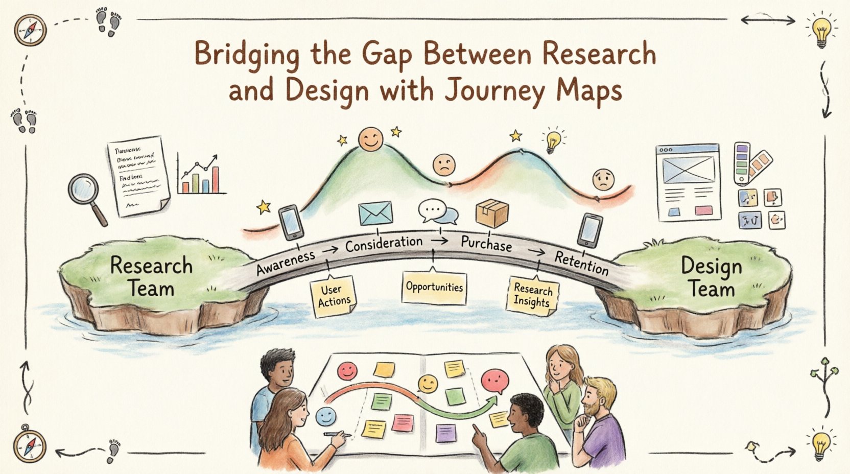 Hand-drawn infographic illustrating how customer journey maps bridge research and design teams, featuring a visual timeline with emotional curves, touchpoints, user actions, and collaborative workshop elements to align data insights with design decisions