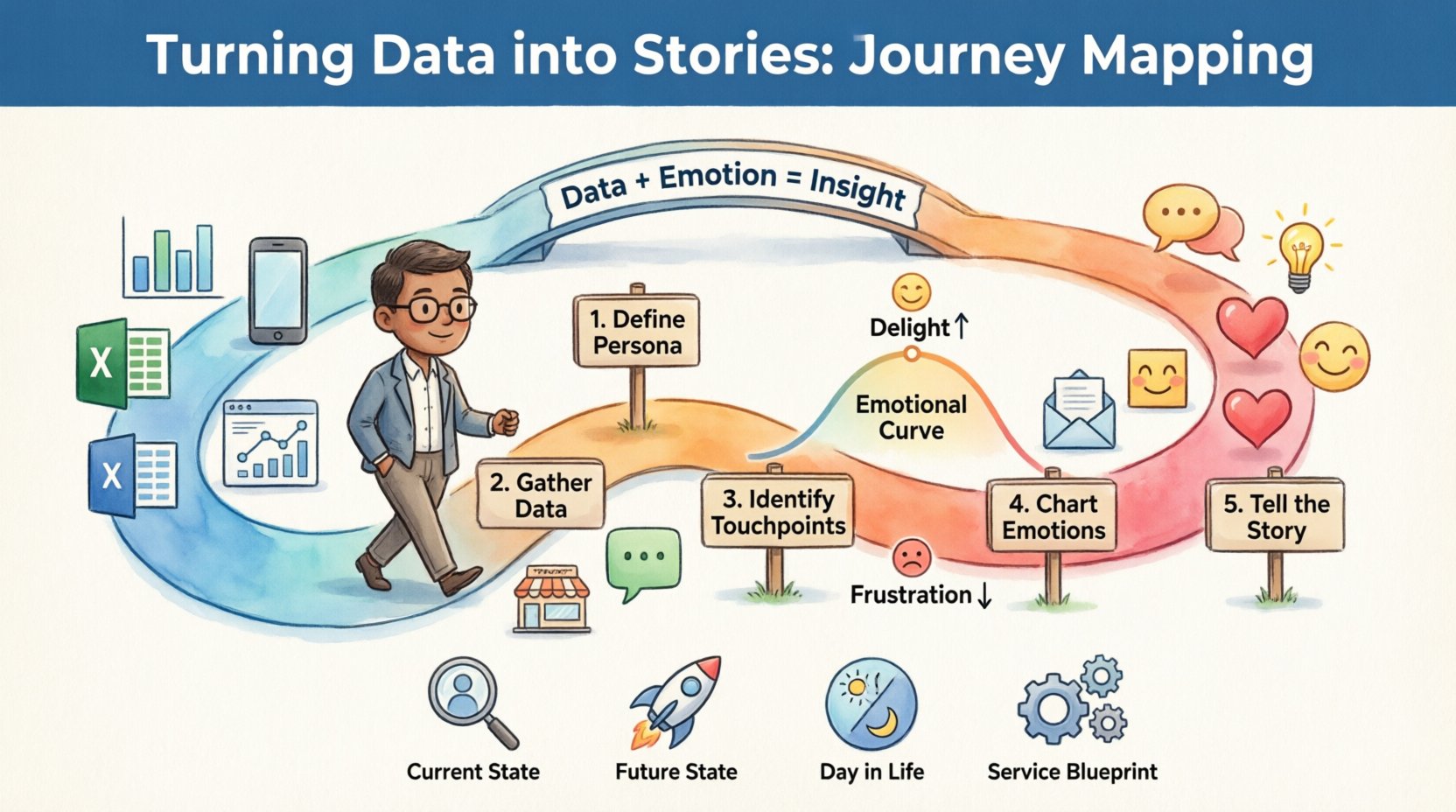 Cartoon infographic illustrating journey mapping: a character walks a winding path transforming cold data charts into warm human stories, with signposts showing the 5 steps (define persona, gather data, identify touchpoints, chart emotions, tell story), emotional curve graph, touchpoint icons, and map type examples - visualizing how organizations turn analytics into customer empathy and actionable insights