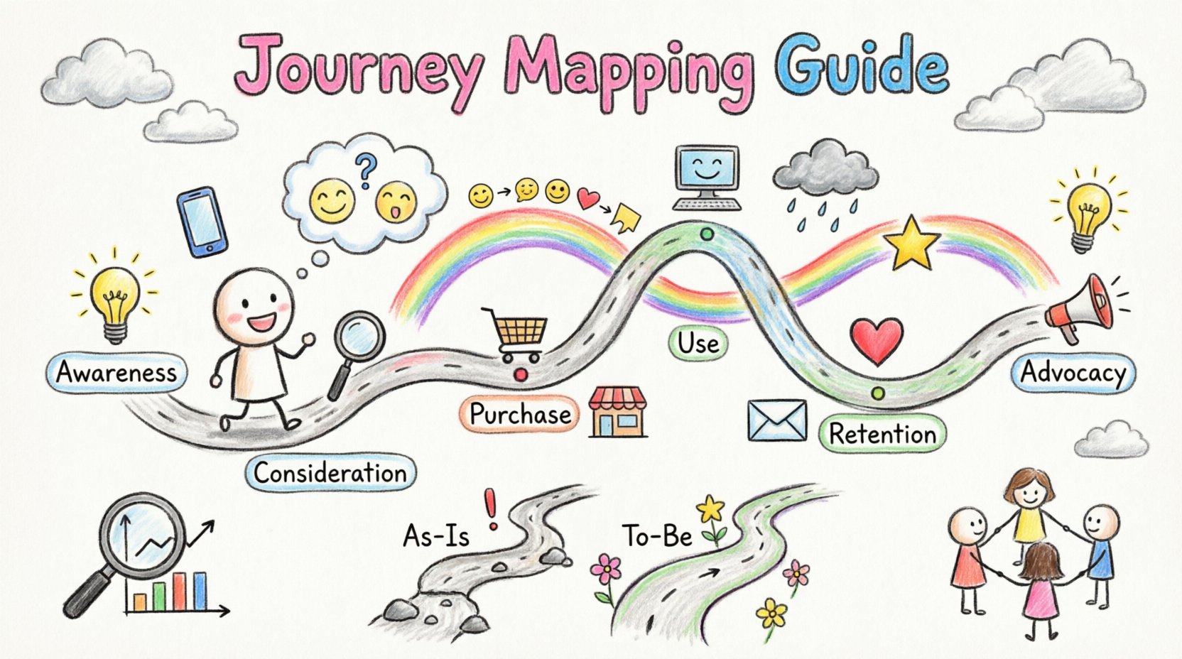 Child-style hand-drawn infographic illustrating UX journey mapping for beginners: colorful winding path through awareness, consideration, purchase, use, retention, and advocacy stages with cute character traveler, rainbow emotional curve, touchpoint icons, thought bubbles, pain point storm clouds, opportunity stars, As-Is vs To-Be comparison paths, and team collaboration elements in bright crayon aesthetic