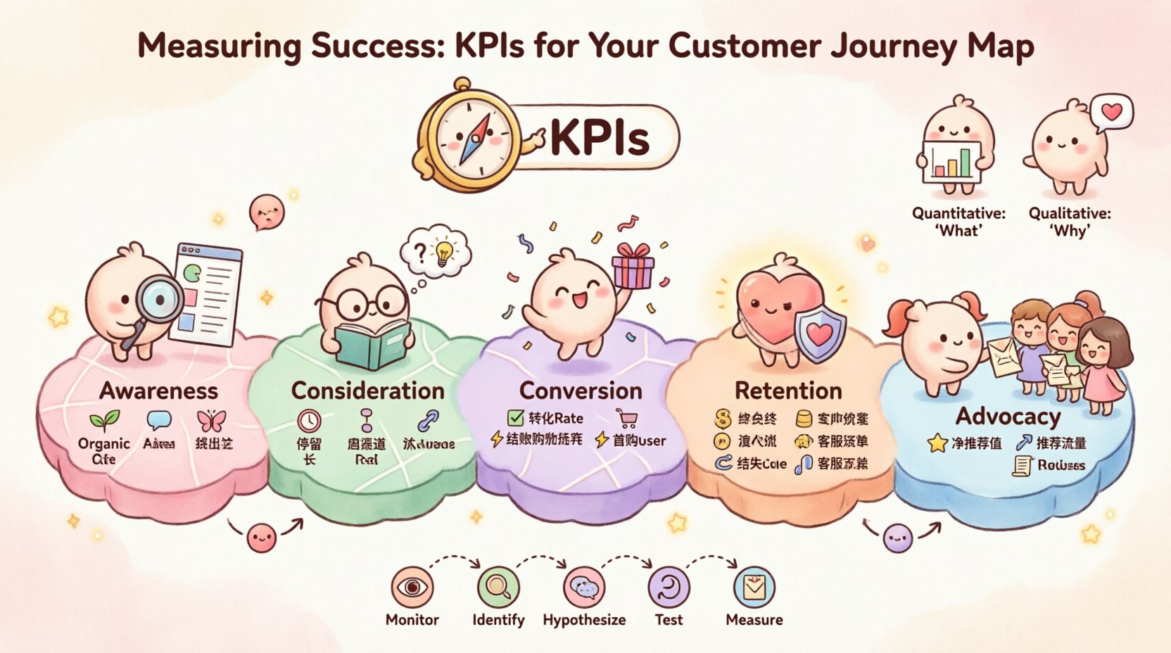 Cute pastel kawaii infographic illustrating the 5-stage customer journey map with key performance indicators: Awareness (organic traffic, social engagement, bounce rate), Consideration (time on page, content downloads, multi-channel interaction), Conversion (conversion rate, cart abandonment, checkout time), Retention (CLV, churn rate, repeat purchases), and Advocacy (NPS, referrals, reviews). Features rounded vector icons, a friendly compass mascot, quantitative vs qualitative metric legends, and an iteration cycle diagram, all in soft pink, mint, lavender, peach, and baby blue tones with simplified shapes and playful typography.