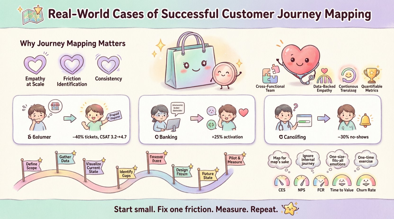 Kawaii-style infographic illustrating real-world customer journey mapping success stories: features three case studies (retail returns optimization, banking onboarding simplification, healthcare patient navigation) with cute mascots, pastel colors, and rounded icons showing key metrics like 40% fewer support tickets, 25% higher activation rates, and 30% reduced no-shows; includes visual roadmap of 6 implementation steps, success factor badges, essential CX metrics (CES, NPS, FCR), and common pitfalls to avoid—all designed in playful English typography with heart icons, sparkles, and friendly characters for intuitive business learning