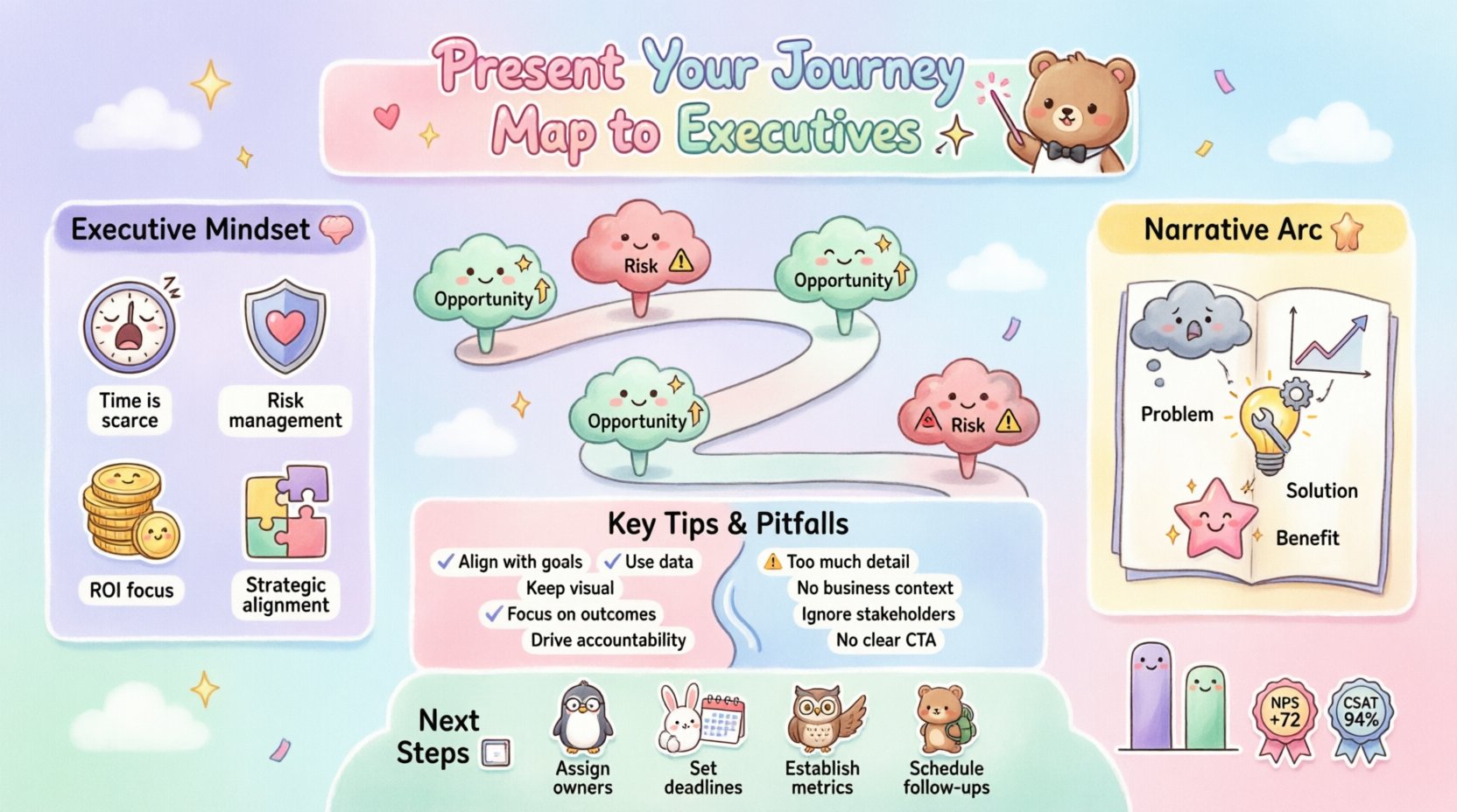 Kawaii-style infographic illustrating how to present customer journey maps to executive leadership, featuring a cute bear mascot, a simplified 5-7 stage journey path with color-coded risk/opportunity markers, executive mindset icons (time, ROI, risk, alignment), a three-part narrative arc (Problem→Solution→Benefit), data visualization tips with smiling charts, best practices checklist, and common pitfalls to avoid, all rendered in soft pastel colors with playful rounded design elements for an approachable, engaging business presentation guide