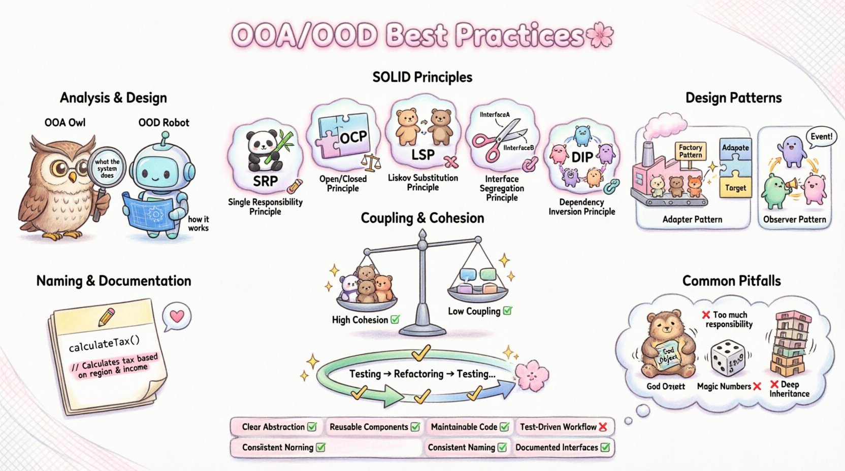 Kawaii-style infographic illustrating Object-Oriented Analysis and Design best practices: SOLID principles (SRP, OCP, LSP, ISP, DIP), design patterns, coupling vs cohesion balance, naming conventions, common pitfalls, and testing strategies - presented with cute characters, pastel colors, and intuitive visual metaphors for writing maintainable code from day one