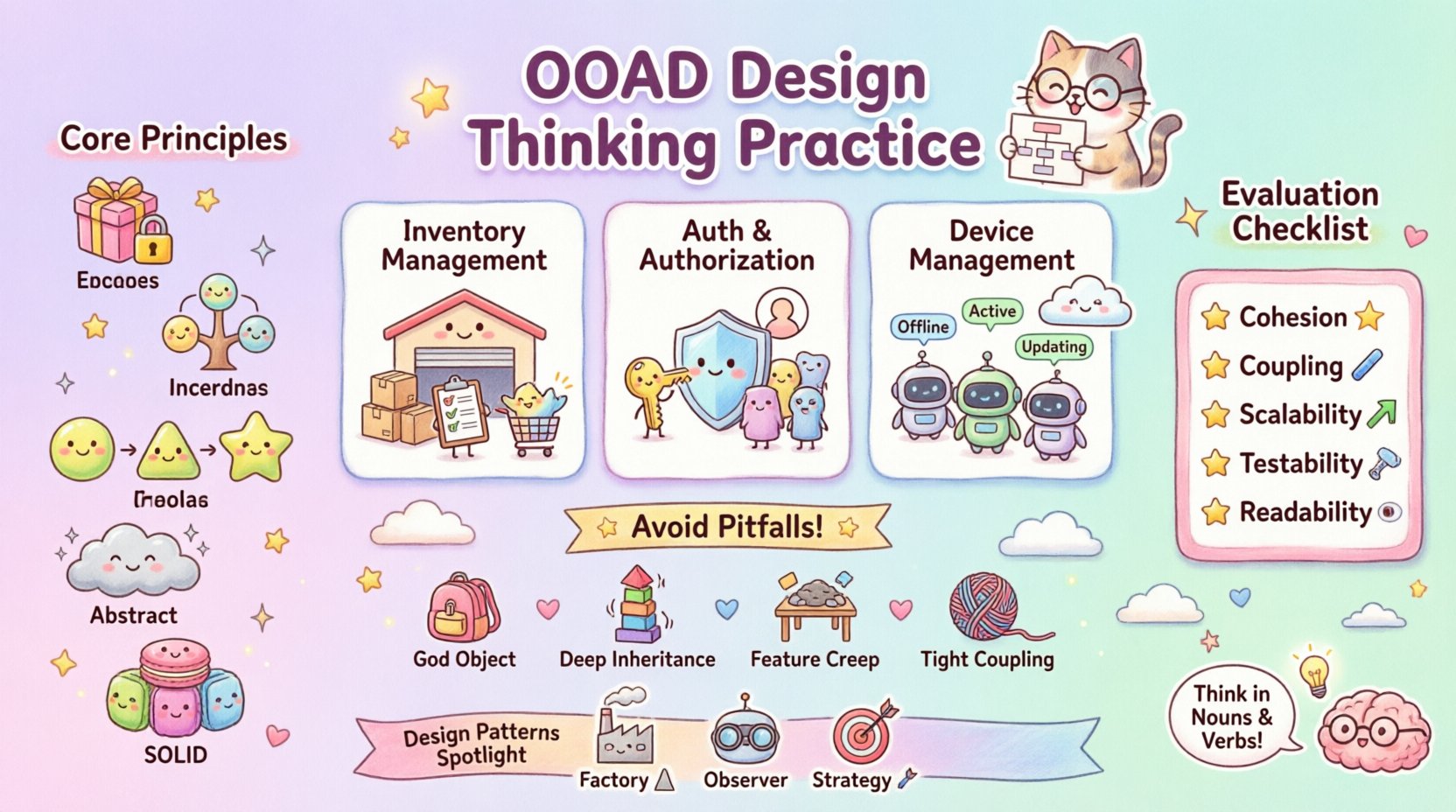 Kawaii-style infographic illustrating Object-Oriented Analysis and Design principles including encapsulation, inheritance, polymorphism, abstraction, and SOLID; three practical scenarios (e-commerce inventory management, user authentication and authorization, IoT device management system); evaluation criteria checklist (cohesion, coupling, scalability, testability, readability); common modeling pitfalls to avoid; and advanced design patterns (Factory, Observer, Strategy) - all presented with cute pastel-colored characters, rounded icons, and friendly visual elements in 16:9 landscape format