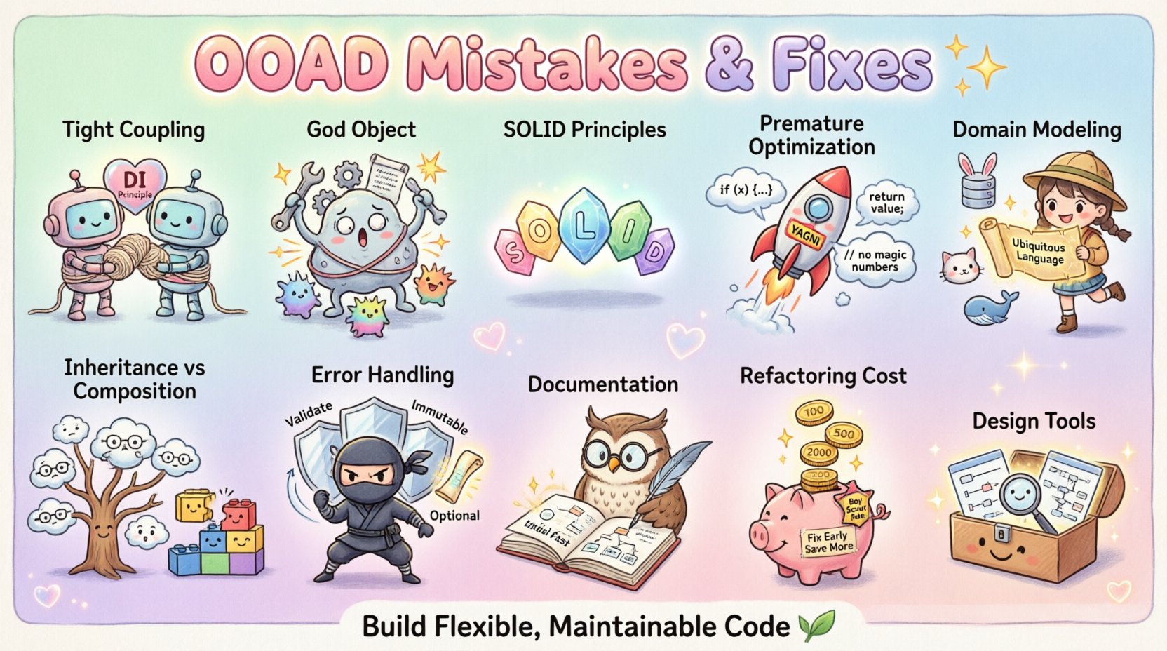 Kawaii-style infographic illustrating 10 common Object-Oriented Analysis and Design mistakes with cute chibi characters: tight coupling, God object, inheritance misuse, SOLID principles, premature optimization, domain modeling, error handling, documentation, refactoring costs, and design tools. Pastel colors, friendly icons, and actionable solutions for building maintainable, flexible software architecture. Educational visual guide for developers.