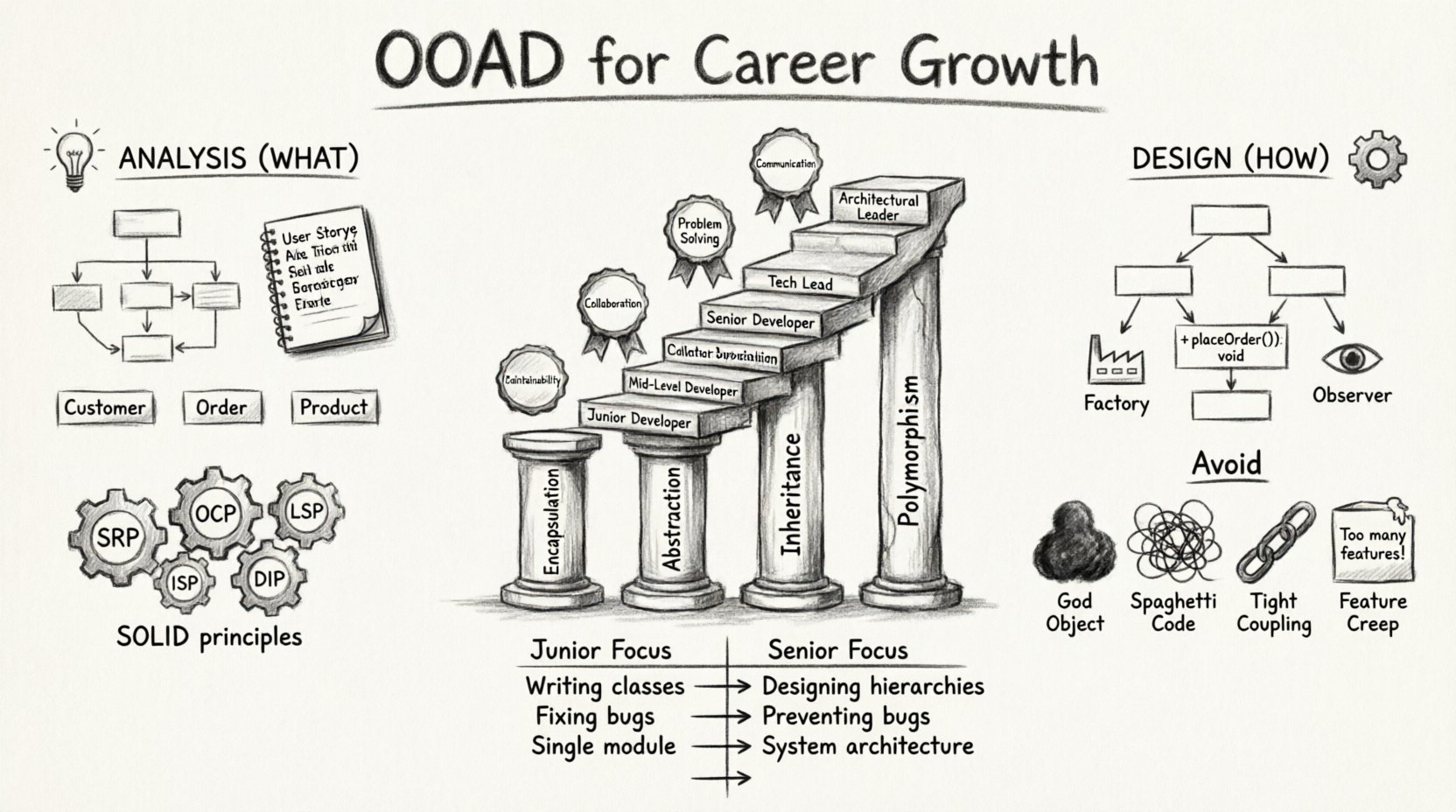 Charcoal sketch infographic illustrating Object-Oriented Analysis and Design (OOAD) for software career growth: compares Analysis (what) vs Design (how) phases, features four OOP pillars (Encapsulation, Abstraction, Inheritance, Polymorphism), SOLID principles, career progression from junior to senior developer, key benefits like maintainability and collaboration, and common anti-patterns to avoidβall rendered in hand-drawn contour style with blueprint aesthetic