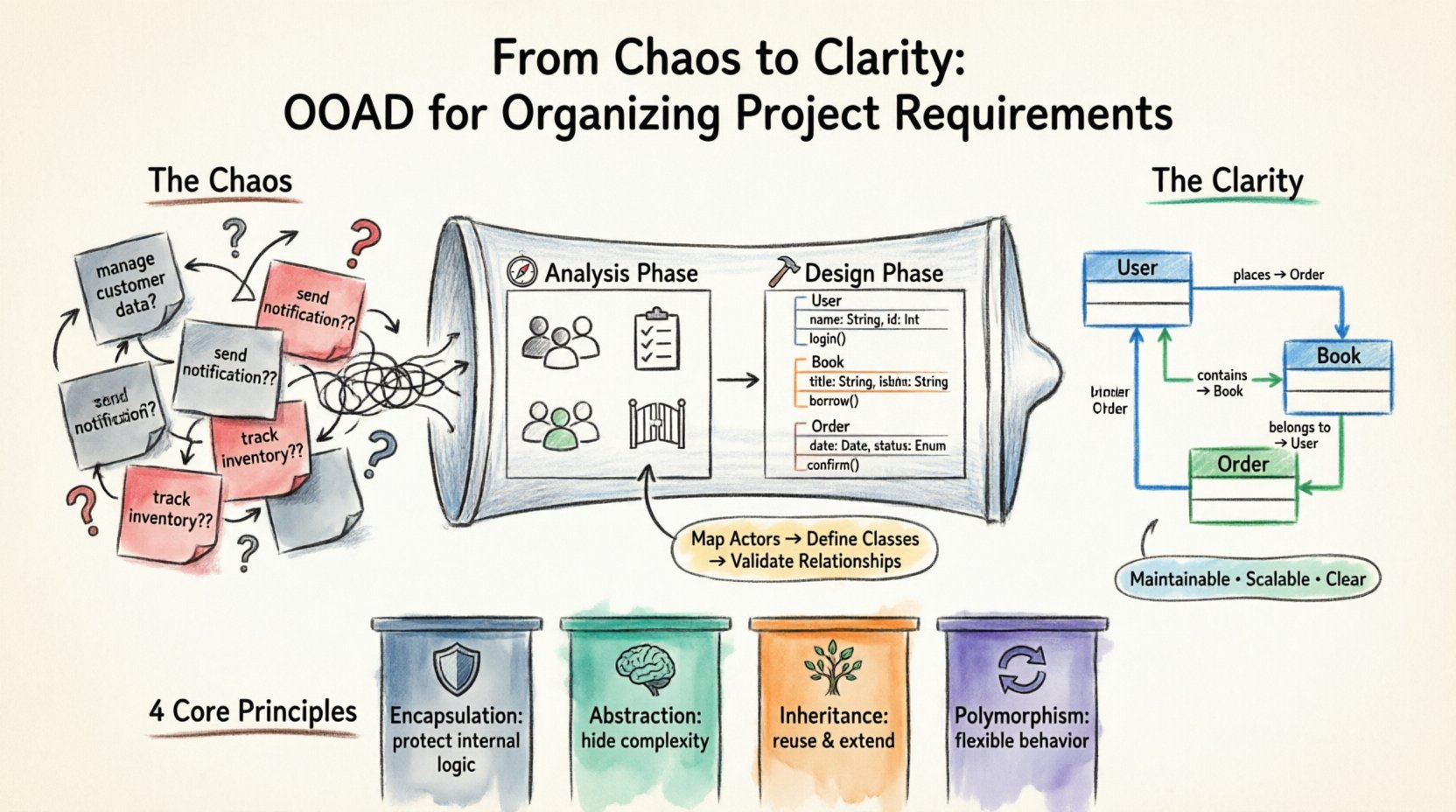 Marker illustration infographic showing the journey from chaotic project requirements to organized systems using Object-Oriented Analysis and Design (OOAD). Visual flow depicts messy sticky notes transforming through Analysis and Design phases into structured class diagrams, supported by four core principles: Encapsulation, Abstraction, Inheritance, and Polymorphism. Hand-drawn style with vibrant colors illustrates actors, use cases, class mapping, and relationship notations for software development teams.