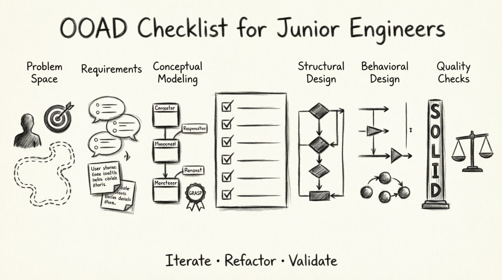 Charcoal contour sketch infographic showing the 6-phase Object-Oriented Analysis and Design checklist for junior engineers: problem space analysis, functional requirements with use cases, conceptual class modeling, structural relationships (association/aggregation/composition/inheritance), behavioral sequence diagrams, and quality assurance with SOLID principles, coupling/cohesion balance, and common pitfalls visualized in hand-drawn artistic style