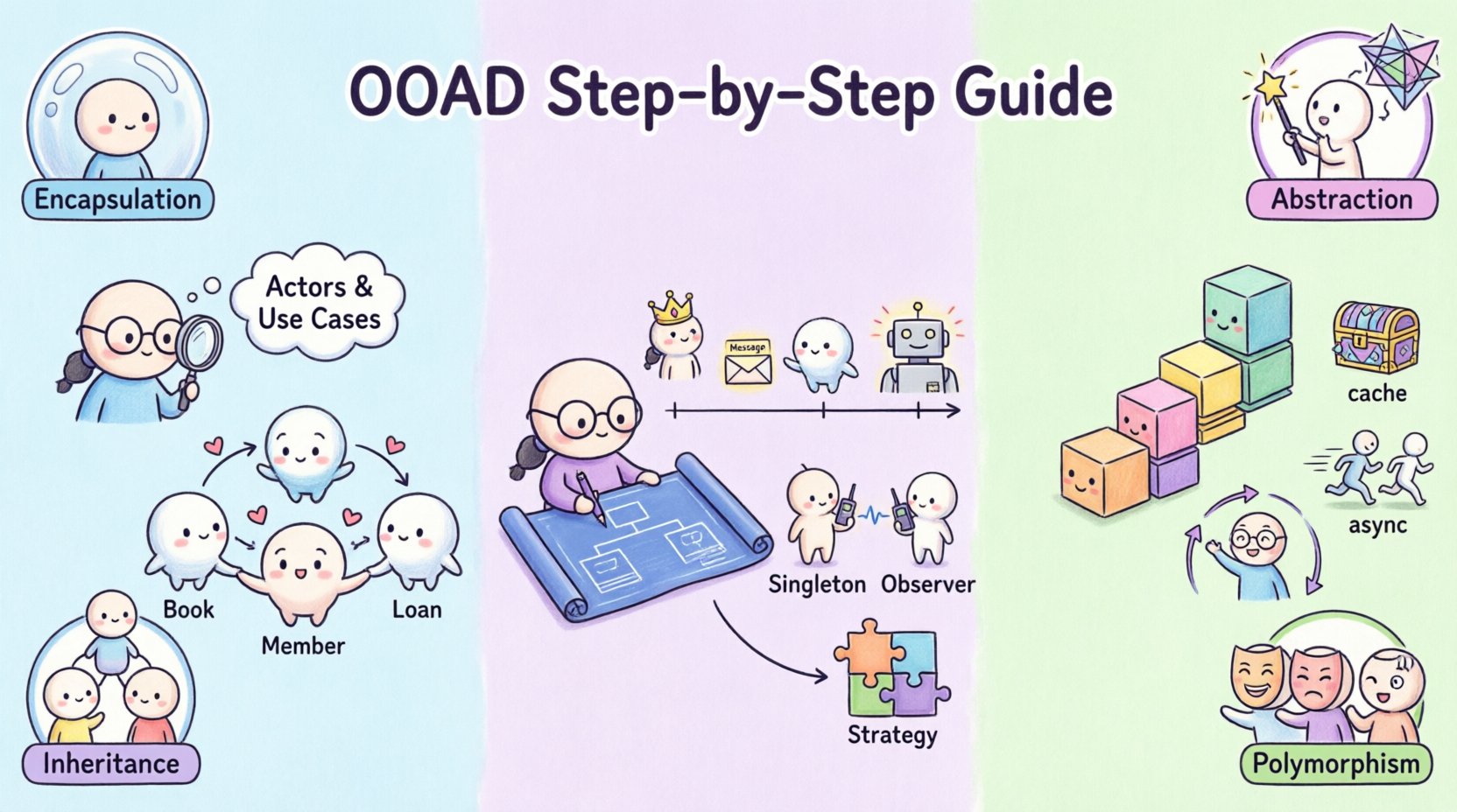 Chibi-style infographic illustrating the 9-step Object-Oriented Analysis and Design process: from identifying actors and use cases, defining domain models with cute character objects, mapping relationships, creating class and sequence diagrams, applying design patterns like Singleton and Factory, to building scalable modular systems with separation of concerns, high cohesion, and low coupling - all presented with kawaii cartoon characters, pastel colors, and intuitive visual flowcharts for beginner developers
