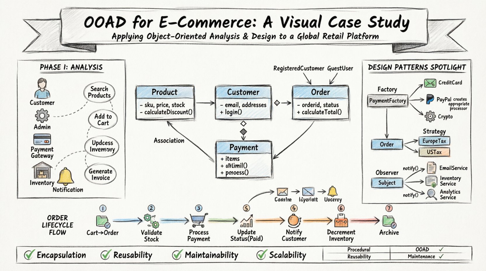 Hand-drawn sketch infographic illustrating Object-Oriented Analysis and Design (OOAD) principles for a global e-commerce platform, featuring actors (Customer, Admin, Payment Gateway), use cases, core class diagrams (Product, Order, Cart, Payment), relationship types (association, aggregation, composition, inheritance), design patterns (Factory, Strategy, Observer), and a 7-step order lifecycle flow in 16:9 landscape format
