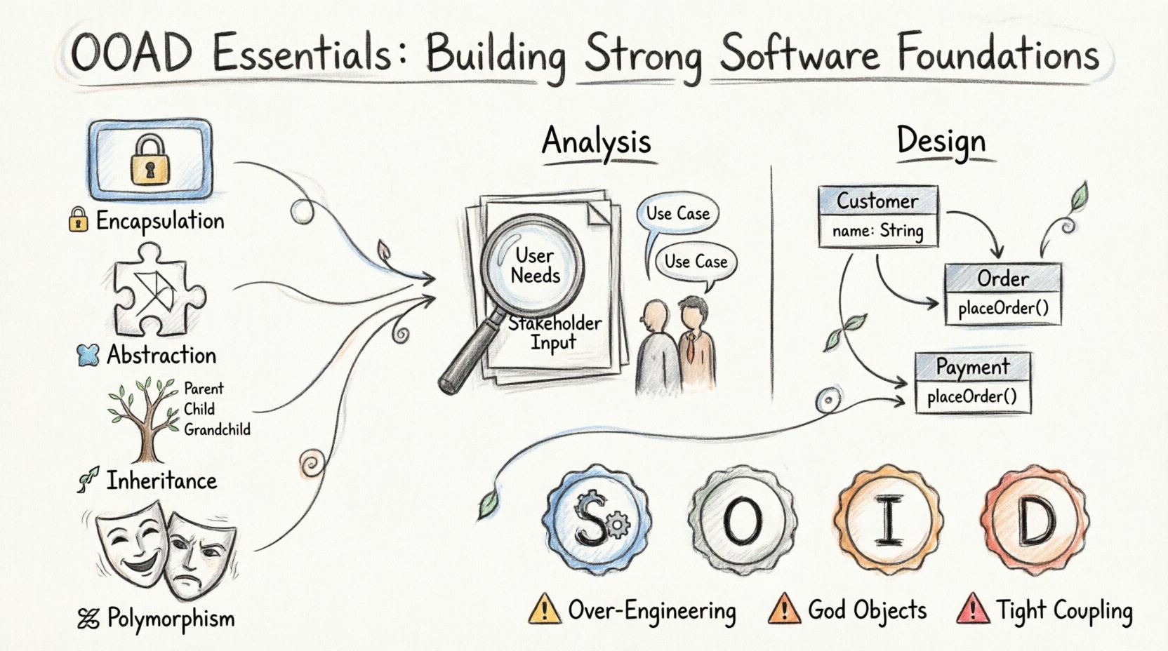 Hand-drawn infographic illustrating Object-Oriented Analysis and Design (OOAD) essentials including the four core pillars (encapsulation, abstraction, inheritance, polymorphism), analysis vs design phases comparison, SOLID design principles, and common pitfalls to avoid for building maintainable software systems
