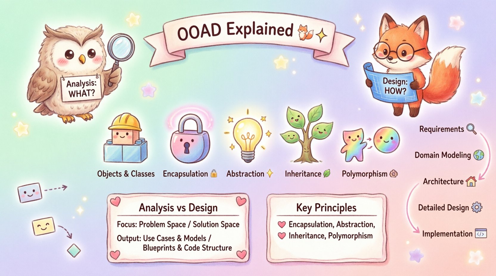 Kawaii-style infographic explaining Object-Oriented Analysis and Design (OOAD) fundamentals: objects, classes, encapsulation, abstraction, inheritance, polymorphism, plus OOAD process steps and key principles for beginner software developers