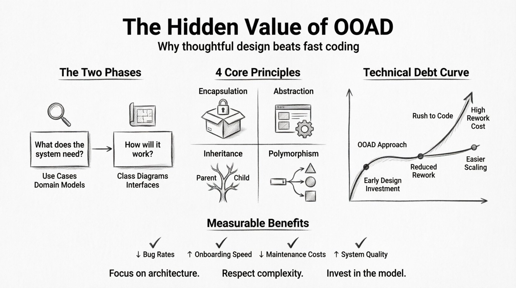 Line art infographic explaining Object-Oriented Analysis and Design (OOAD): illustrates the two-phase process (Analysis: what the system needs; Design: how it works), four core principles (Encapsulation, Abstraction, Inheritance, Polymorphism), technical debt comparison curve showing long-term benefits of thoughtful design over rushed coding, and measurable outcomes including reduced bug rates, faster onboarding, lower maintenance costs, and higher system quality for sustainable software development