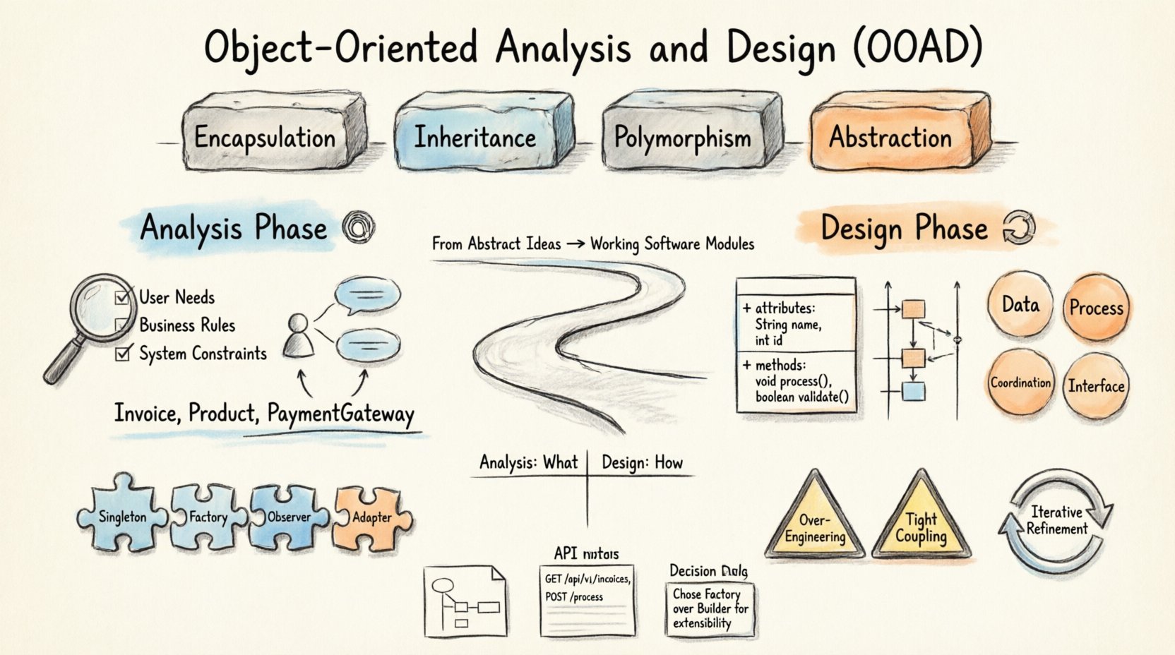 Hand-drawn infographic illustrating Object-Oriented Analysis and Design (OOAD) workflow: core pillars (Encapsulation, Inheritance, Polymorphism, Abstraction), Analysis Phase (requirements gathering, use cases, candidate objects), Design Phase (class diagrams, behavioral modeling, responsibility assignment), comparison table, design patterns (Creational/Structural/Behavioral), implementation steps, common pitfalls to avoid, and iterative refinement cycle - transforming abstract ideas into working software modules