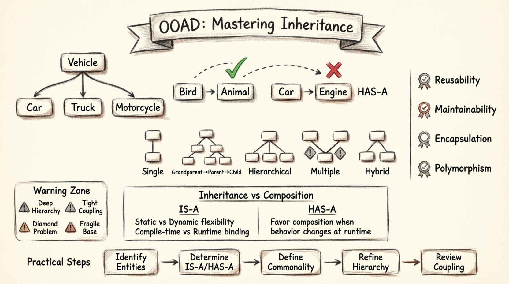 Charcoal sketch infographic explaining Object-Oriented Analysis and Design inheritance concepts: class hierarchy tree with Vehicle superclass and Car/Truck subclasses, IS-A vs HAS-A relationship examples, five inheritance models (single, multilevel, hierarchical, multiple with diamond problem warning, hybrid), strategic benefits (code reusability, maintainability, encapsulation, polymorphism), anti-pattern risks (over-inheritance, tight coupling, fragile base class), inheritance vs composition comparison table, and practical implementation guidelines following Liskov Substitution Principle