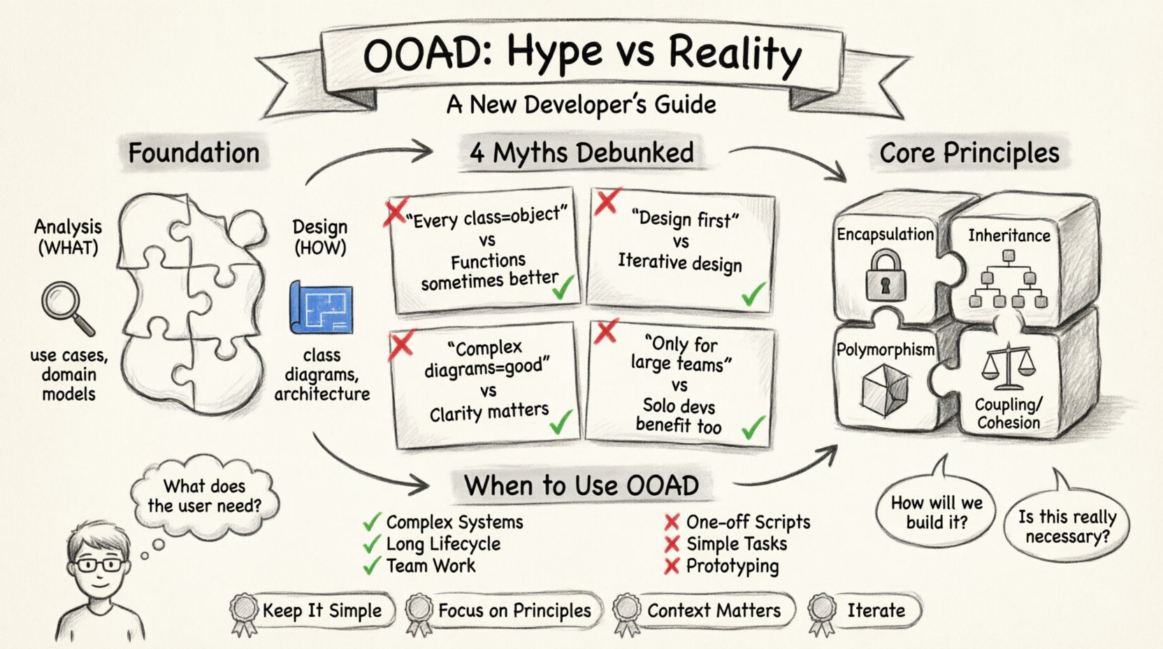 Sketch-style infographic debunking four common myths about Object-Oriented Analysis and Design for new developers, illustrating the difference between analysis (what the system does) and design (how it's built), core principles including encapsulation, inheritance, polymorphism, and coupling/cohesion, common pitfalls like over-engineering and diagram overload, and guidance on when to apply OOAD methodology versus simpler approaches