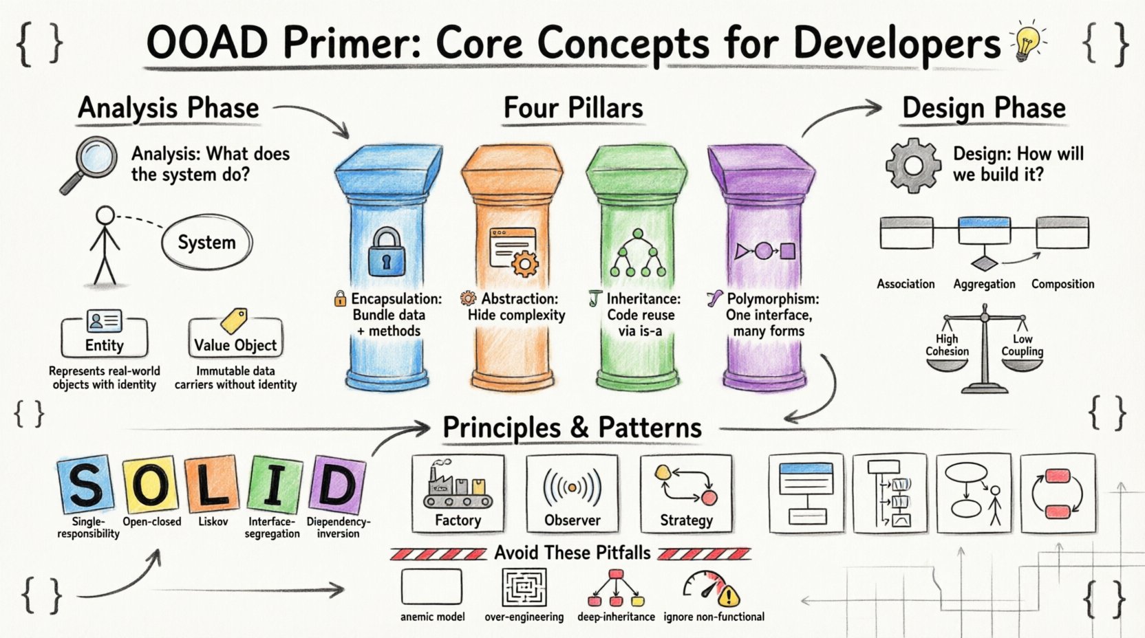 Hand-drawn marker illustration infographic explaining Object-Oriented Analysis and Design (OOAD) fundamentals: features the four pillars (encapsulation, abstraction, inheritance, polymorphism), analysis phase with use cases and domain objects, design phase with class relationships and cohesion/coupling principles, SOLID acronym breakdown, common design patterns (Factory, Observer, Strategy), UML diagram types, and key pitfalls to avoidβall presented in vibrant sketchy marker style with clear visual hierarchy for aspiring developers