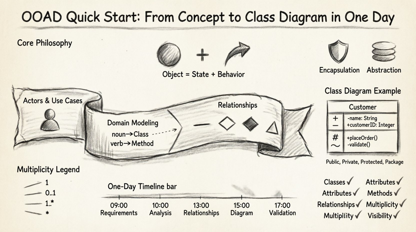 Charcoal sketch infographic illustrating the 5-phase Object-Oriented Analysis and Design workflow: conceptualization with actors/use cases, domain modeling extracting nouns and verbs, relationship design showing UML symbols for association/aggregation/composition/inheritance, class diagram structure with three compartments and visibility modifiers (+/-/#/~), multiplicity notations (1, 0..1, *), and a one-day timeline from 09:00 requirements gathering to 18:00 validation, plus key principles of encapsulation and abstraction with a final design checklist