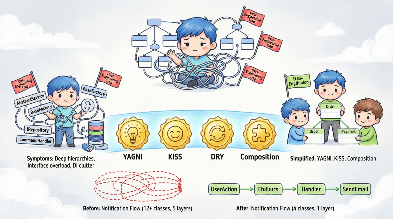 Chibi-style infographic illustrating how to simplify Object-Oriented Analysis and Design: shows over-engineering symptoms like deep inheritance and interface overload, root causes including fear of change and perfectionism, and golden principles YAGNI, KISS, DRY, and composition-over-inheritance with cute character visuals comparing complex vs simplified notification system design