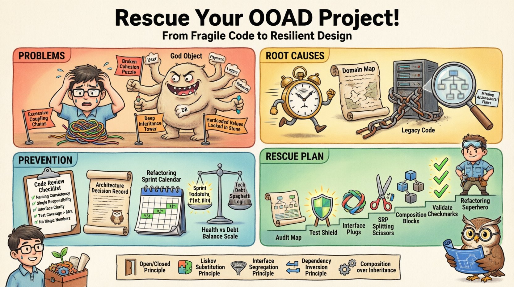 Cartoon infographic illustrating how to troubleshoot and rescue software projects from weak Object-Oriented Analysis and Design (OOAD): shows warning signs like tangled spaghetti code and god objects, root causes including rushed analysis, a 6-step refactoring rescue plan with audit, testing, and interface extraction, plus prevention strategies like code reviews and refactoring sprints, all with colorful playful illustrations and clear English labels