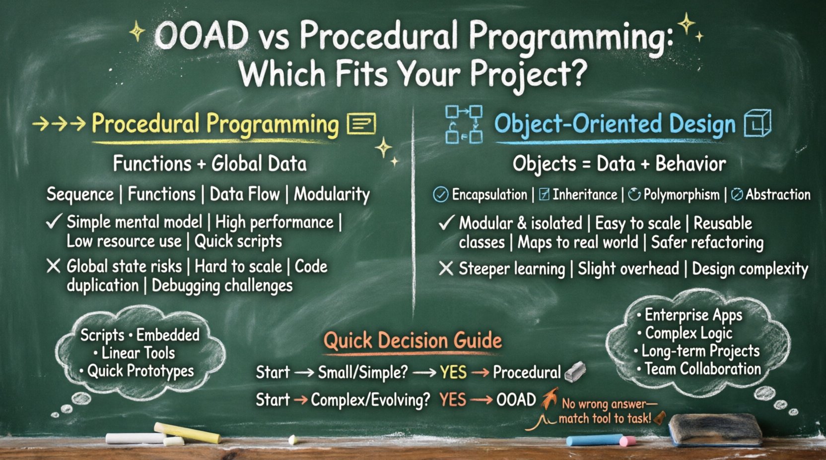 Chalkboard-style educational infographic comparing Object-Oriented Analysis and Design (OOAD) versus Procedural Programming paradigms, featuring hand-written teacher-style notes on core principles, strengths, limitations, and decision guidelines for choosing the right software architecture approach