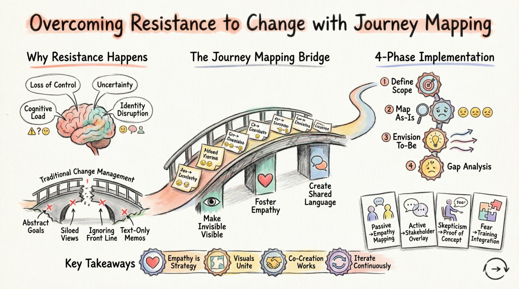 Hand-drawn infographic illustrating how journey mapping overcomes organizational resistance to change, featuring psychology of resistance factors, 4-phase implementation roadmap, empathy-driven interventions for passive resistance and skepticism, and key leadership takeaways for sustainable transformation