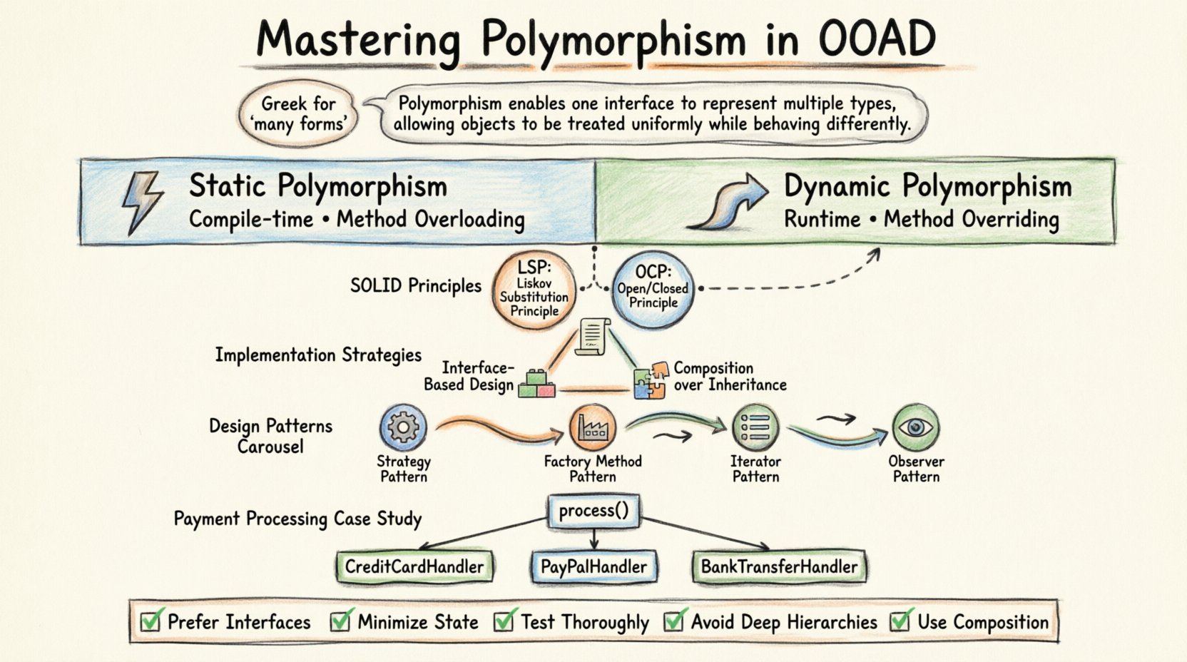 Marker illustration infographic explaining polymorphism in Object-Oriented Analysis and Design: covers static vs dynamic polymorphism comparison, SOLID principles integration (LSP/OCP), implementation strategies (interfaces, abstract classes, composition), key design patterns (Strategy, Factory, Iterator, Observer), payment processing case study, and best practices checklist for building flexible, maintainable software architectures