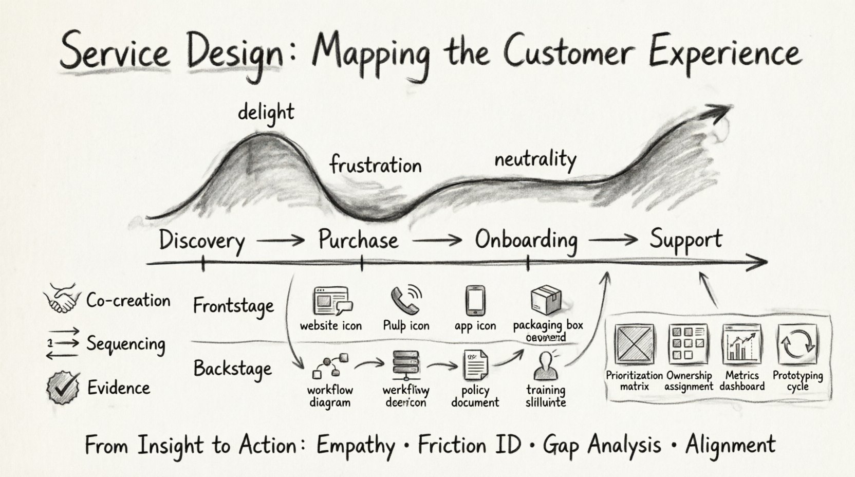 Charcoal sketch infographic illustrating service design fundamentals: customer journey map with phases (discovery, purchase, onboarding, support), emotional curve showing peaks and troughs, frontstage touchpoints versus backstage processes, and key principles including co-creation, sequencing, friction identification, and action planning for improved customer experience