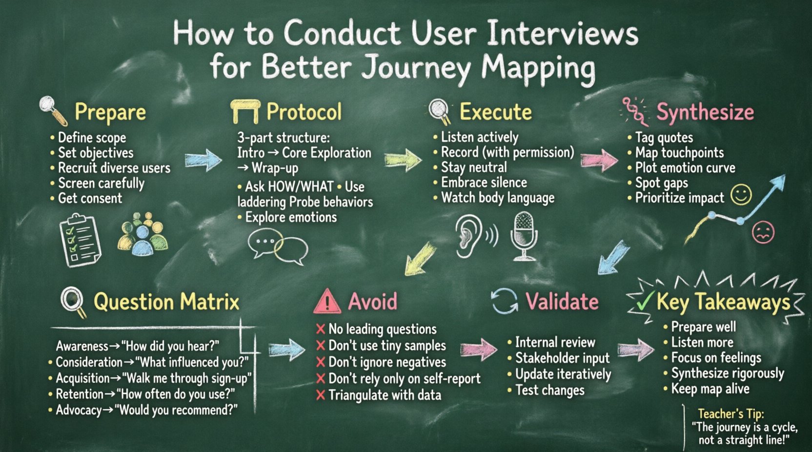 Chalkboard-style infographic illustrating a step-by-step guide to conducting user interviews for better journey mapping, featuring eight hand-drawn sections: preparation tips, interview protocol structure, session execution best practices, insight synthesis methods, journey-stage question matrix, common mistakes to avoid, validation strategies, and key takeaways, with a hand-sketched emotional journey curve and teacher-style chalk typography on a textured green chalkboard background